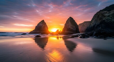 Radiant Sunset Illuminates Coastal Cliffs with Reflections on Wet Sand