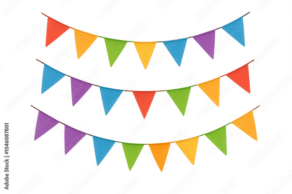 Poster brightly colored triangular party flags hanging on a string, creating a festive atmosphere on a tran