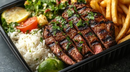 Delicious sliced grilled beef with rice, french fries, salad and tomato sauce served in a black take away box
