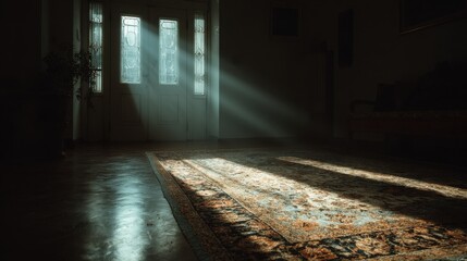 light streaming in softly, casting shadow on traditional rug in empty room 