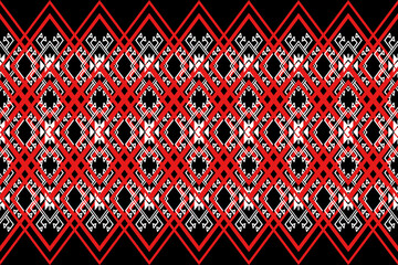 A seamless pixel art pattern inspired by traditional Phrae silk weaving from Thailand. Featuring bold red diamond shapes, intricate white geometric lines, and black tribal accents, this design reflect