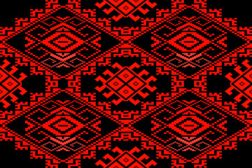 Bold red Thai textile pattern inspired by the traditional Phrae Wa weaving style, rendered in a striking pixel art aesthetic. The symmetrical diamond and geometric motifs evoke the spirit of Thai heri
