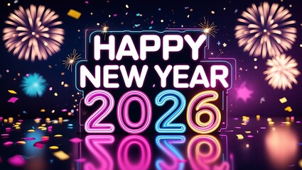 Neon sign illustration with happy new year 2026 text and star decoration for holiday party celebration