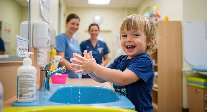 Happy Child Playing with Water at Sink in Childcare Center with Smiling Caregivers Nearby