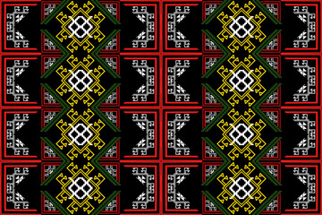 This seamless pixel art textile design is inspired by traditional Southeast Asian weaving, featuring symmetrical yellow diamond motifs, red cross-style frames, and geometric tribal patterns. The intri