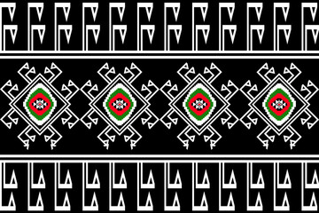 A traditional Thai tribal textile pattern in modern pixel art style, featuring diamond shapes and intricate geometric lines in red, green, white, and black. Inspired by ancient Isan weaving from north