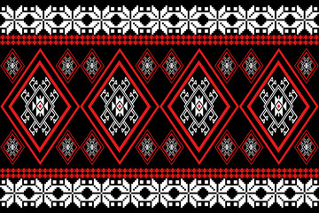 Traditional Thai textile pattern in pixel art style featuring repeating red diamond motifs on a black background. The intricate symmetrical design is inspired by ethnic weaving patterns from Southeast