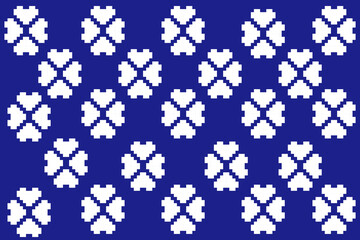 Seamless pixel art floral pattern with white geometric motifs arranged in four-petal shapes on a vibrant blue background. Inspired by traditional Thai textile and digital pixel design. Ideal for fabri