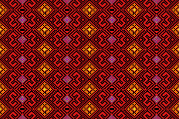 A seamless traditional Thai textile pattern inspired by Phrae Wa weaving from Northeastern Thailand, designed in a modern pixel art style. The design features intricate geometric diamonds and cultural