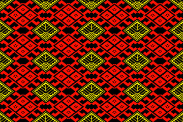 Vibrant traditional Praewa textile pattern inspired by Thai weaving culture, designed in a bold pixel art style. Features geometric diamond motifs in red, black, and yellow tones, arranged symmetrical