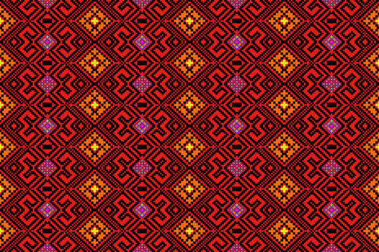 A seamless traditional Thai textile pattern inspired by Phrae Wa weaving from Northeastern Thailand, designed in a modern pixel art style. The design features intricate geometric diamonds and cultural
