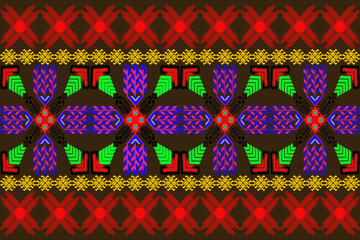 A vibrant pixel art pattern inspired by traditional Phrae Wa handwoven textiles of northeastern Thailand. The seamless geometric design combines bold colors such as red, yellow, green, blue, and pink,
