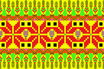  Vibrant pixel textile inspired by northeastern Thai (Isan) weaving traditions. The bold central sunburst motif radiates out in pixelated zigzag waves, using yellow, red, black, and electric blue. A f