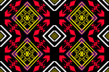 A vibrant digital textile design inspired by traditional Phrae Wa weaving from Thailand, created in modern pixel art style. Features symmetrical geometric patterns in red, yellow, white, and purple on