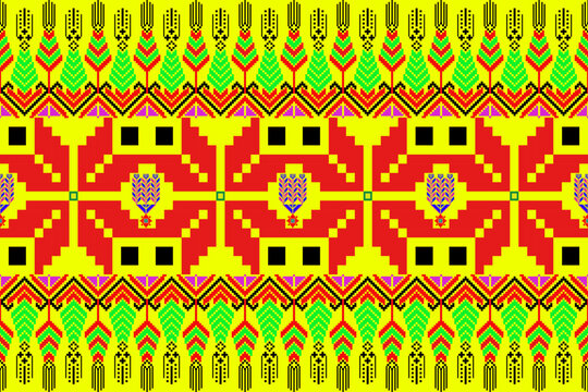  Vibrant pixel textile inspired by northeastern Thai (Isan) weaving traditions. The bold central sunburst motif radiates out in pixelated zigzag waves, using yellow, red, black, and electric blue. A f