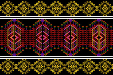 A striking pixel art pattern inspired by traditional Thai Phrae Wa weaving, reimagined in vivid geometr'ic form. The design features bold diamond shapes, symbolic motifs, and a seamless layout in red,