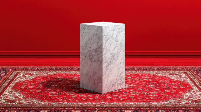 marble minimalist podium on a red patterned rug, high contrast composition 