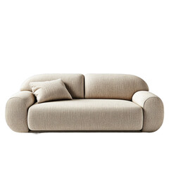 Fototapeta premium Modern beige sofa with plush cushion and rounded design on transparent background