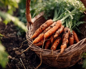 A woven basket of fresh carrots with some soil on it is placed on the garden soil.