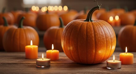 Vibrant Pumpkin Surrounded by Flickering Candles for Autumn Decoration in Cozy Indoor Setting Perfect for Halloween and Fall Festivities