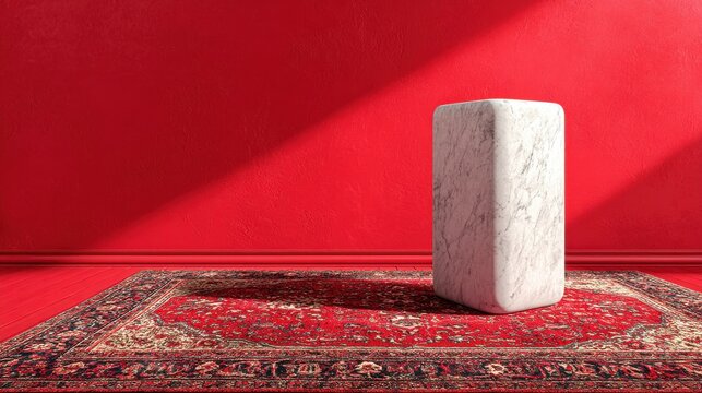 marble minimalist podium on a red patterned rug, high contrast composition 
