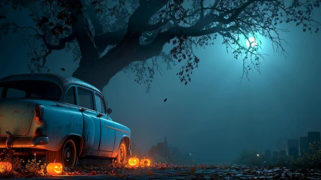 Vintage Car Under Spooky Tree with Glowing Pumpkins Creating Mysterious Halloween Atmosphere