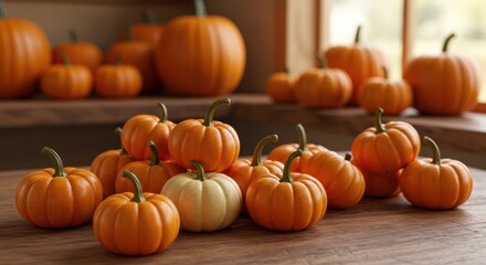 A Cluster of Lively Orange and White Pumpkins on a Rustic Wooden Table with Soft Natural Light and Cozy Autumn Atmosphere