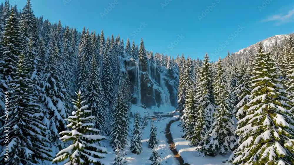 Wall mural there is a snow covered forest with a stream running through it