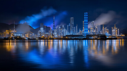 Obraz premium Night view of port activity with industrial lights reflection on water