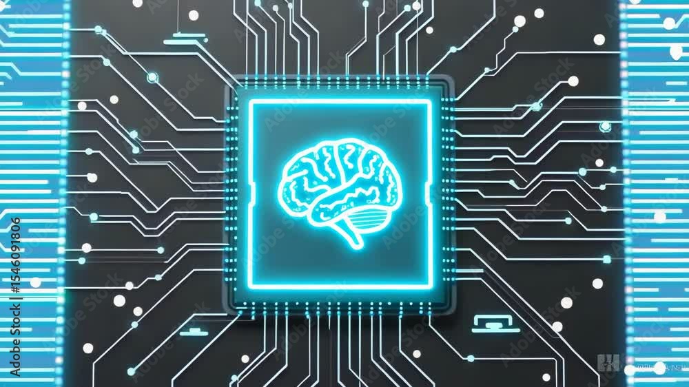 Poster key chip technology concept ,artificial intelligence microchip circuit board glowing brain icon tech