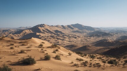 Stunning Desert Landscape with Rolling Sand Dunes and Sparse Vegetation
