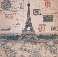 Antique Travel Ticket Design, Faded Ink with Postmark, Weathered Edges, Soft Parchment Texture, Vintage Color Scheme.