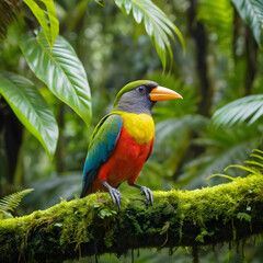Obraz premium A close-up of a Bird of Paradise with vibrant colors perched on a moss-covered branch amidst lush rainforest foliage.
