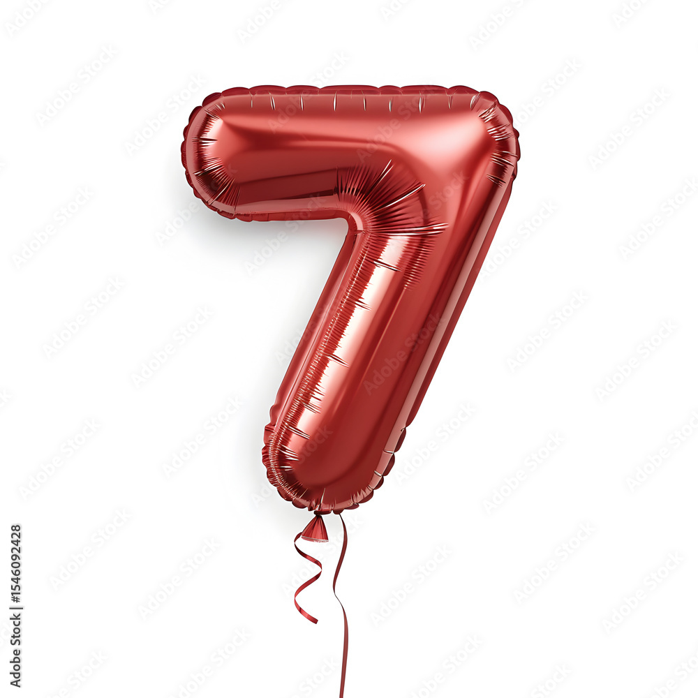 Fototapete a balloon shaped like the number 7,glossy red metallic finish with realistic reflections and smooth 