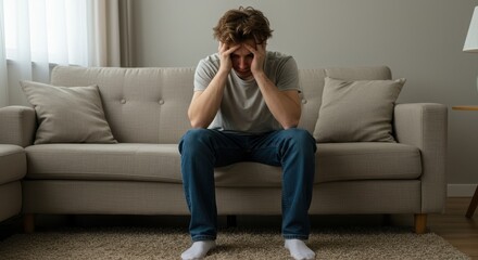 Young man feeling overwhelmed and stressed sitting on a couch in a modern living room with natural light