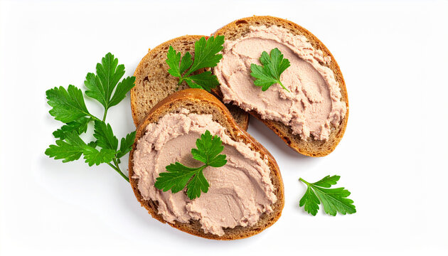 Crusty bread with smooth liver pate and fresh herbs. Tasty snack for lunch. Flat lay.