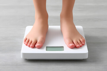 Close-up of bare feet standing on electronic bathroom scale. Concept of weight control, healthy lifestyle, and fitness tracking.