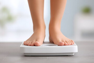 Close-up of bare feet standing on electronic bathroom scale. Concept of weight control, healthy lifestyle, and fitness tracking.