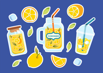 Fun flat vector set of lemonade stickers with jars, cups, lemons, ice and leaves. Ideal for summer designs, stickers, packaging, labels, menu design, prints, social media and web.