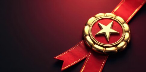 Close-up of red and gold rosette ribbon with star detail on a medal, gold, ribbon