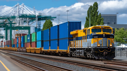 Fototapeta premium Containers being loaded onto freight train from port storage