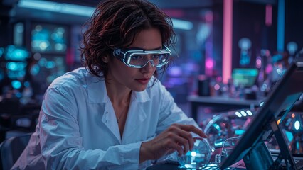 Biochemical lab technician analyzing samples in a modern lab background