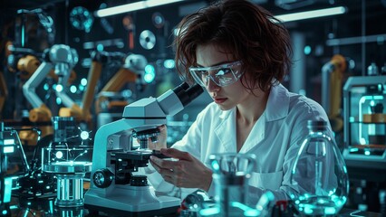 Biochemical lab technician analyzing samples in a modern lab background