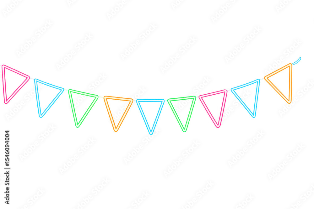 Poster neon triangular flags dangling on string, generating vibrant party festivity against transparent bac