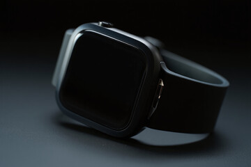 Modern smart watch with a blank black screen and a dark band rests on a dark surface