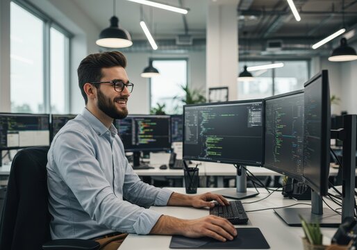 Smiling Programmer Working in Modern Office with Dual Monitors and Coding Interface on Screens