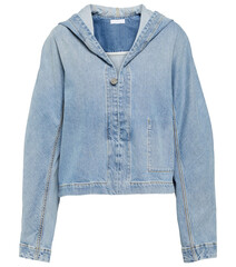 Denim jacket with pleated front detail and buttons isolated on a white background