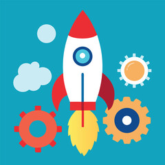 Startup Launch With Rocket And Innovation Gears Vector Illustration For Modern Business