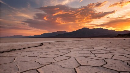 Sunset Over Cracked Dry Lakebed Landscape
