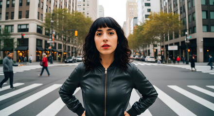 Obraz premium Confident Young Woman in Black Leather Jacket Standing in Urban Crosswalk with City Background